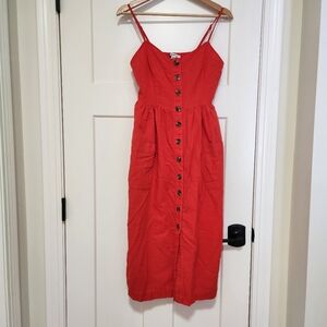American Eagle Women’s Red Button Front Dress Small Cotton Linen Pockets Midi